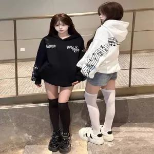 후드 티 가을 겨울 풀오버 맨투맨 2026년 아카데믹 스타일 음표 자수 후드티 여성 여자 루즈핏 식 커플 아