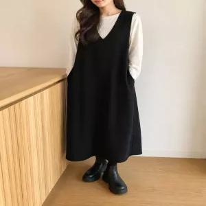 여성 빅사이즈 브이넥 루즈핏 롱 베스트 레이어드 원피스