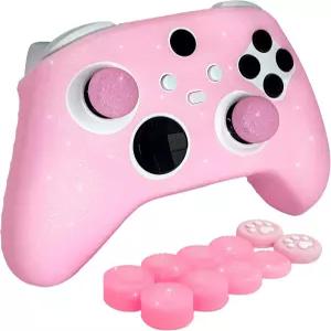 HLRAO 핑크 글리터 미끄럼 방지 실리콘 커버 스킨 그립 Xbox Series X/S 컨트롤러용 8개 엄지 캡 및 2개