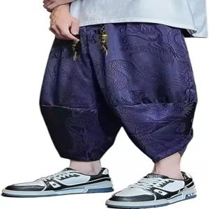 HZCX FASHION 남성용 중국 새틴 자카드 하렘 팬츠 루즈한 와이드 레그 카프리 에스닉 드로스트링 비치 요가