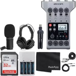 Zoom PodTrak P4 휴대용 멀티트랙 팟캐스트 녹음기 M-1 마이크 헤드폰 윈드스크린 XLR 케이블 테이블탑