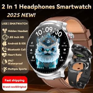 LIGE 2026 새로운 TWS 2-in-1 헤드셋 스마트워치 1.85인치 블루투스 통화 남성용 이어폰 스마트워치 심박수