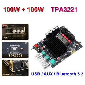 2x100W TPA3221 Bluetooth 5.2 전력 증폭기 보드 클래스 D USB AUX 사운드 카드 홈 시어터 오디오 스테레오