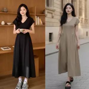 시원한 여성 핀턱 롱 원피스 A라인 여자 반팔 데일리룩