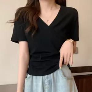V넥 무지 티셔츠 1+1 여자 여름 셔링 랩 반팔티 블랙+카키 44-55