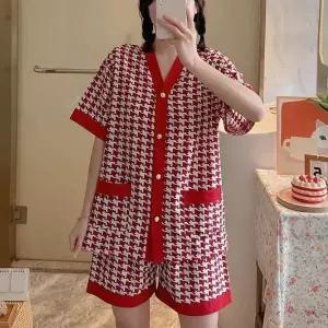 브이넥 체크 파자마 반팔 반바지 세트 클래식한 패턴 멋스러움 자연스러운 데일리 디자인 수면 공용 휴식
