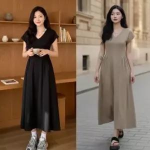 여자 브이넥 롱원피스 여름 휴양지 반팔 원피스