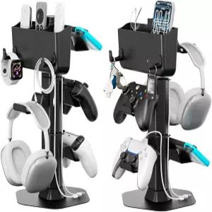 헤드폰 및 컨트롤러 스탠드 책상용 PS5/PS4/Xbox/Switch 게임 홀더 저장 박스와 리모컨 시계용 두 개의