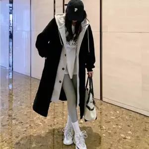 오버핏 양털 블랙 레이어드 후드 롱코트 J7