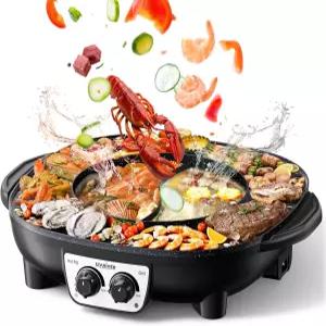 스타이버 전기 그릴 2-in-1 핫팟 식 바비큐 샤부샤부 냄비 무연 실내 논스틱 1800W 빠른 가열 이중 온도