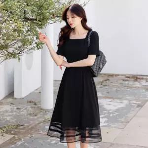 시크라인 로랑크 시스루 스퀘어넥 벨티드 플레어 원피스