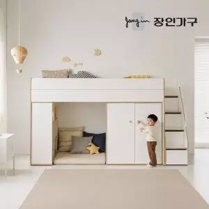[장인가구]도담 어린이 높은 2층 수납 벙커침대 책장+옷장형 침대프레임 SS (수납계단)