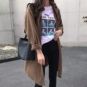 간절기 하프 골지 기본 코듀로이 숏 빅사이즈 여성봄 오버핏 EWFFL2GE