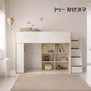[장인가구]도담 어린이 높은 2층 수납 벙커침대 침대프레임 SS(수납계단)+책장2개+낮은포켓