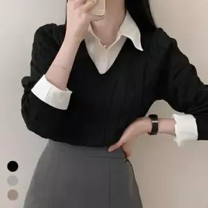 브이넥 레이어드 니트 클래식 셔츠 긴팔 여성 봄 가을