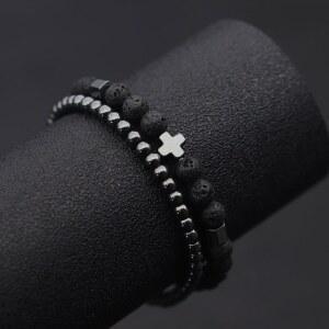 묵주 2PCS 남자 팔찌 세트 HOMBRE에 대 PULSEIRA 용암 블루 HOMME 눈 한 크로스 BRAZALETE BRACLET 적철광 돌 BRASLET 자연 호랑이