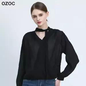 [오조크(OZOC)] 시스루 핀턱 타이 브이넥 긴팔블라우스 (택가격 85000원)