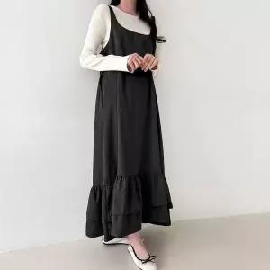 [하프클럽/]이중 프릴 뷔스티에 멜빵 롱 원피스 빅사이즈 체형커버 데일리