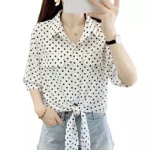여성 쉬폰 매듭 디자인 블라우스 허리 묶는 반팔 가오리 셔츠 빅사이즈 H061919
