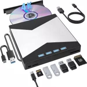 WBACON 4K 외장 블루레이 드라이브 USB 3.0 및 4개의 포트 3D 2개의 SD/TF 갖춘 8-in-1 CD/DVD 기록/지우기