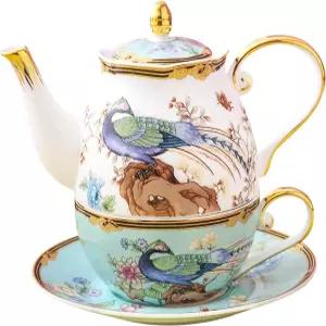 ACMLIFE Tea Set For One - 빈티지 플로럴 본차이나 티 세트 주전자 fnd 컵 12온스 블루 앤 화이트 여성용