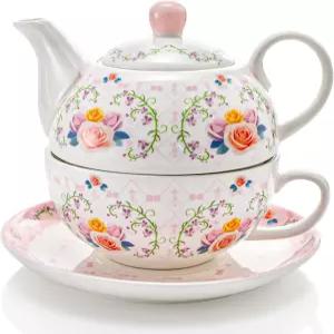 WRINGKIT Tea for One 세트 도자기 주전자와 컵받침 우아한 꽃무늬 여성용 선물 애프터눈 티 가정용