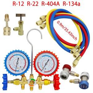 R134a 에어컨 압력 게이지 호스 및 후크 포함 3방향 AC 진단 매니폴드 세트 R12, R22, R404A, 용