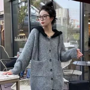 롱카디건 2칼라 후드니트 롱 가디건