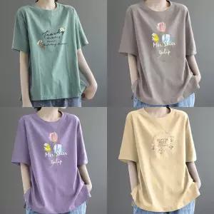 여성 데일리 플라워 레터링 반팔티 루즈티 중년 여름