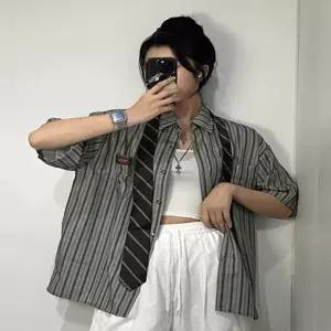 셔츠 + 넥타이 SET 오버핏 스트라이프 반팔 남방 2color 남녀공용 루즈핏 라벨 단가라 난방 타이 세트 여름