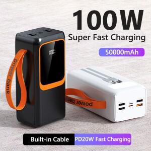 50000mAh 대용량 전원 은행 100W 빠른 충전 휴대용 노트북 Powerbank iPhone Xiaomi Huawei 용 외부 예비