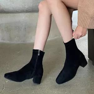 [바인미쇼룸]스웨이드 5cm 인사이드 지퍼 미들힐 여성 앵클 부츠