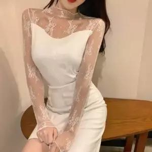 스터닝팩토리 플라워 패턴 망사 블라우스 티셔츠 웨이브 상의 여자망사티 그물티 여자망사티셔츠 망사