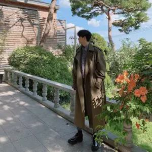 플레이마틴 남성 헤비 코튼 오버핏 트렌치코트 로브 더블코트 가을 면코트