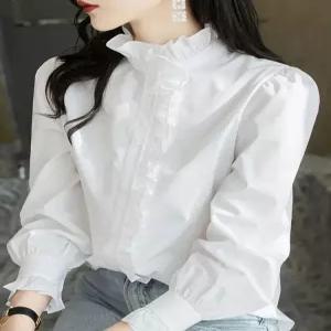 목프릴 블라우스 가을 스카프 앤티크 긴팔 화이트 셔링 M 하이넥