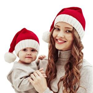 산타 모자 가족 매칭 XMAS 니트 부모-자녀 폼 비니 겨울용 웜어 코바늘 크리스마스 파티용 빨강 흰색