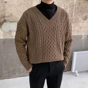 플레이마틴 울 혼방 케이블 브이넥 니트 루즈핏 꽈배기 스웨터 4color