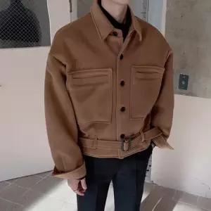플레이마틴 울 모직 크롭 벨트 자켓 겨울 루즈핏 트러커 숏코트 3color