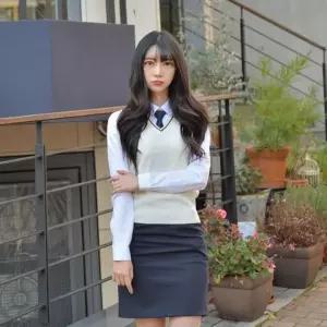 (빅사이즈) 아이보리 블랙라인 교복조끼(여자) -4XL