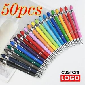 50pcs 가벼운 금속 볼펜 터치 스크린 사무실 학교 광고 맞춤 로고 텍스트 조각 레이저