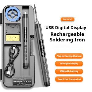 휴대용 무선 납땜 인두 세트, 1000mAh USB 충전 디지털 디스플레이 용접 와이어, 로진, 클리닝 포함)