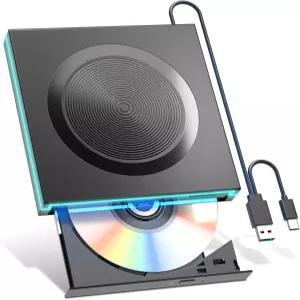 LED 외장 DVD CD 드라이브 USBA 및USB C 광학 리더기/라이터 듀얼 USB AUSB 케이블 블루 엣지 읽기/쓰기