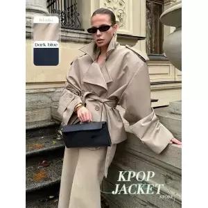 우아한 솔리드 레이스업 오버코트 여성 시크 풀 슬리브 라펠 칼라 버튼 루즈핏 코트 가을 스트릿 신상