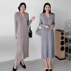[유야]여성 카라 브이넥 니트 골지 긴팔 롱원피스 -EOP0457- 빅사이즈 루즈핏 오버핏 가을
