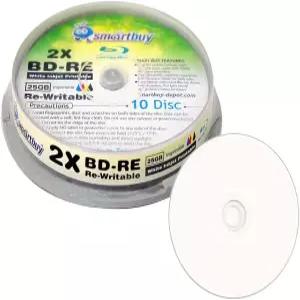 10팩 스마트바이 2X 25GB 블루레이 BD-RE 재작성 가능한 화이트 잉크젯 허브 인쇄 블랭크 블러레이