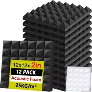 Foneso 12개 세트 벽용 방음 폼 패널 12 x12 x2 자가 접착식 고밀도 피라미드형 흡음 패드가 포함된 음향