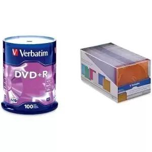 버바팀 DVD+R AZO 염료 4.7GB 16X 100개 스핀들 좌절 없는 포장 + 50개의 슬림 수납 케이스 다양한 색상 -