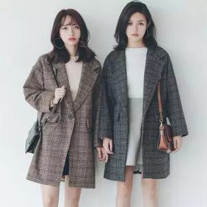 여성 더블카라 체크자켓 루즈핏 모직 코트 겨울 아우터