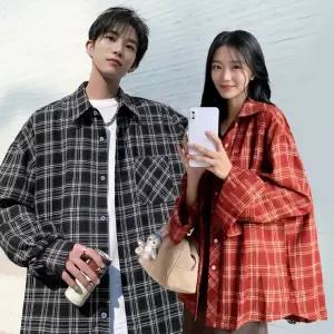 남성 여성 커플 봄 가을 타탄 체크셔츠 오버핏 긴팔 셔츠 남방 레이어드 셔츠자켓