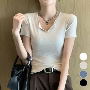 베이지 면티셔츠 반팔티 여성티셔츠 으 라 U넥티셔츠
